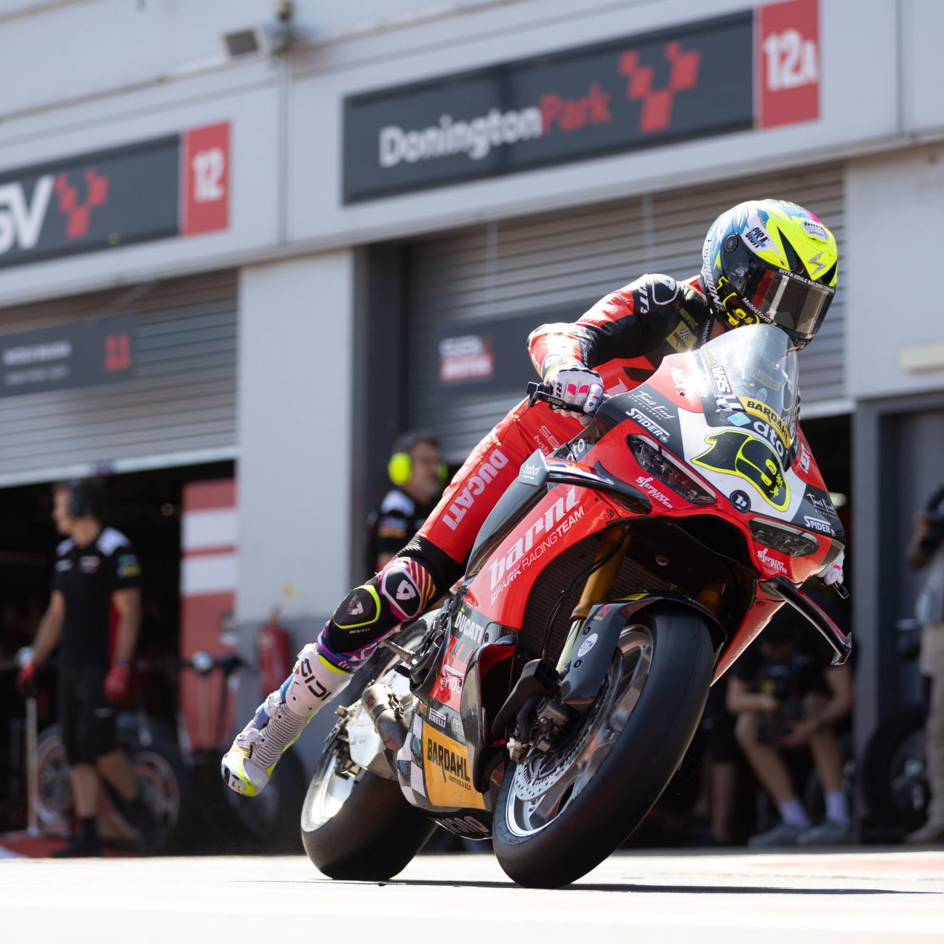 Alvaro Bautista, 2026 UK WorldSBK, exiting pit box. Credit: Gold and Goose.