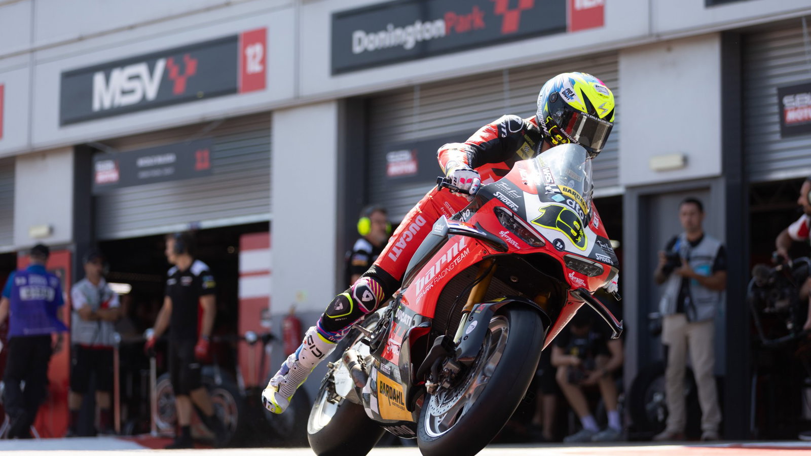 Alvaro Bautista, 2026 UK WorldSBK, exiting pit box. Credit: Gold and Goose.