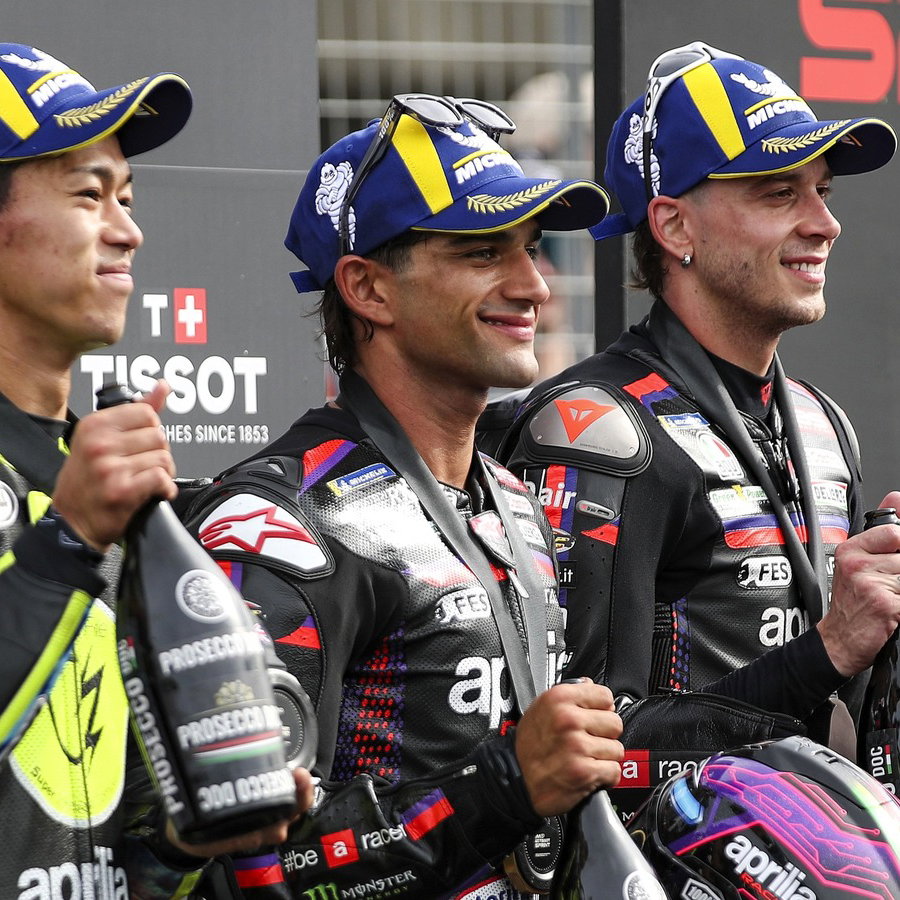 Aprilia riders Jorge Martin, Ai Ogura, Marco Bezzecchi, Silverstone Sprint race.