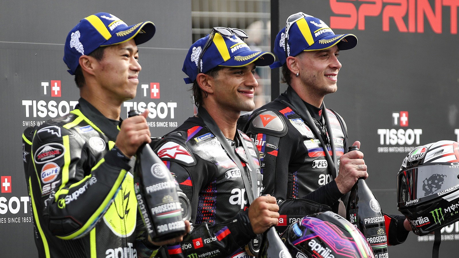 Aprilia riders Jorge Martin, Ai Ogura, Marco Bezzecchi, Silverstone Sprint race.