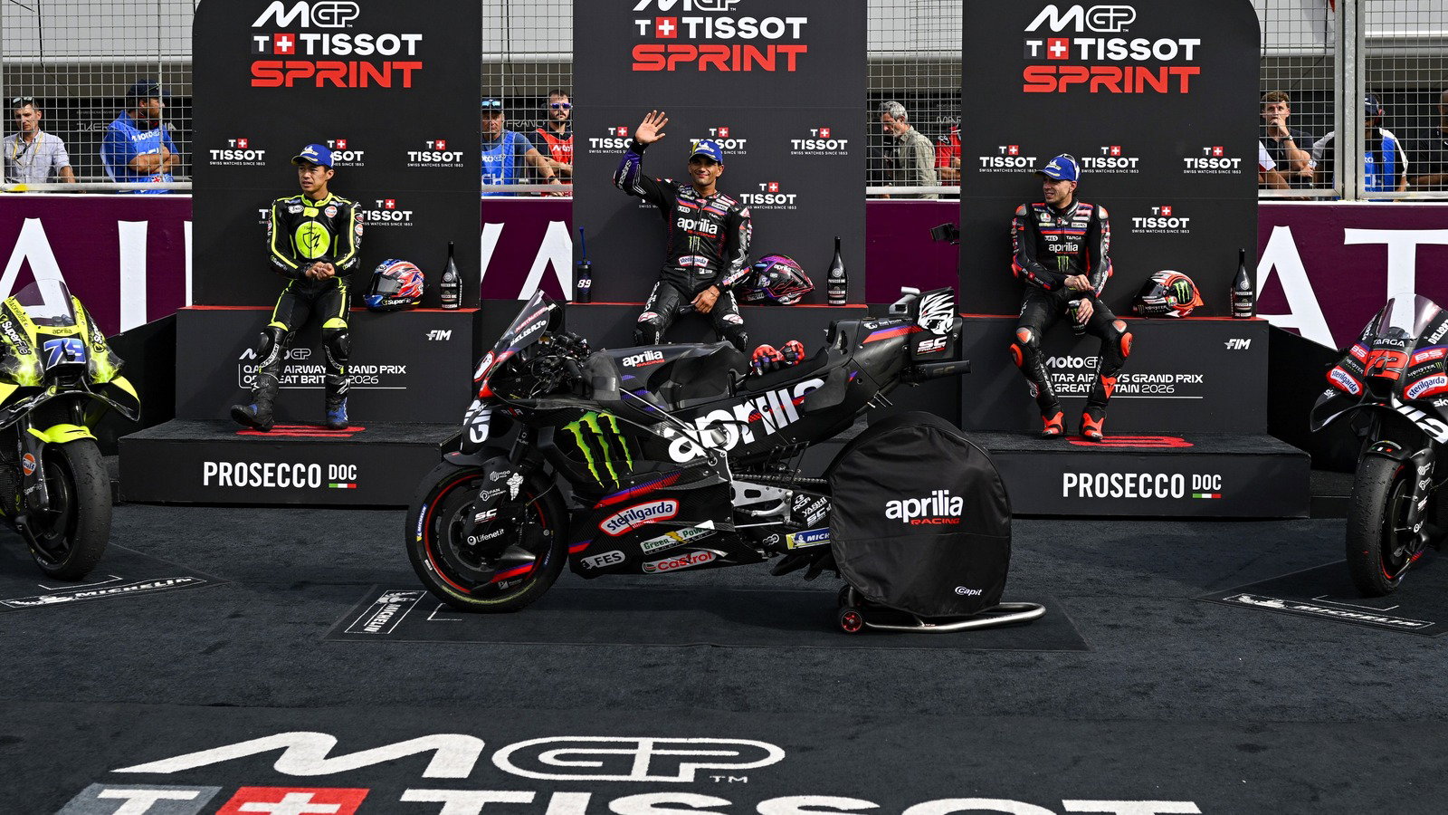 Aprilia riders Jorge Martin, Ai Ogura and Marco Bezzecchi sweep the Silverstone Sprint podium.