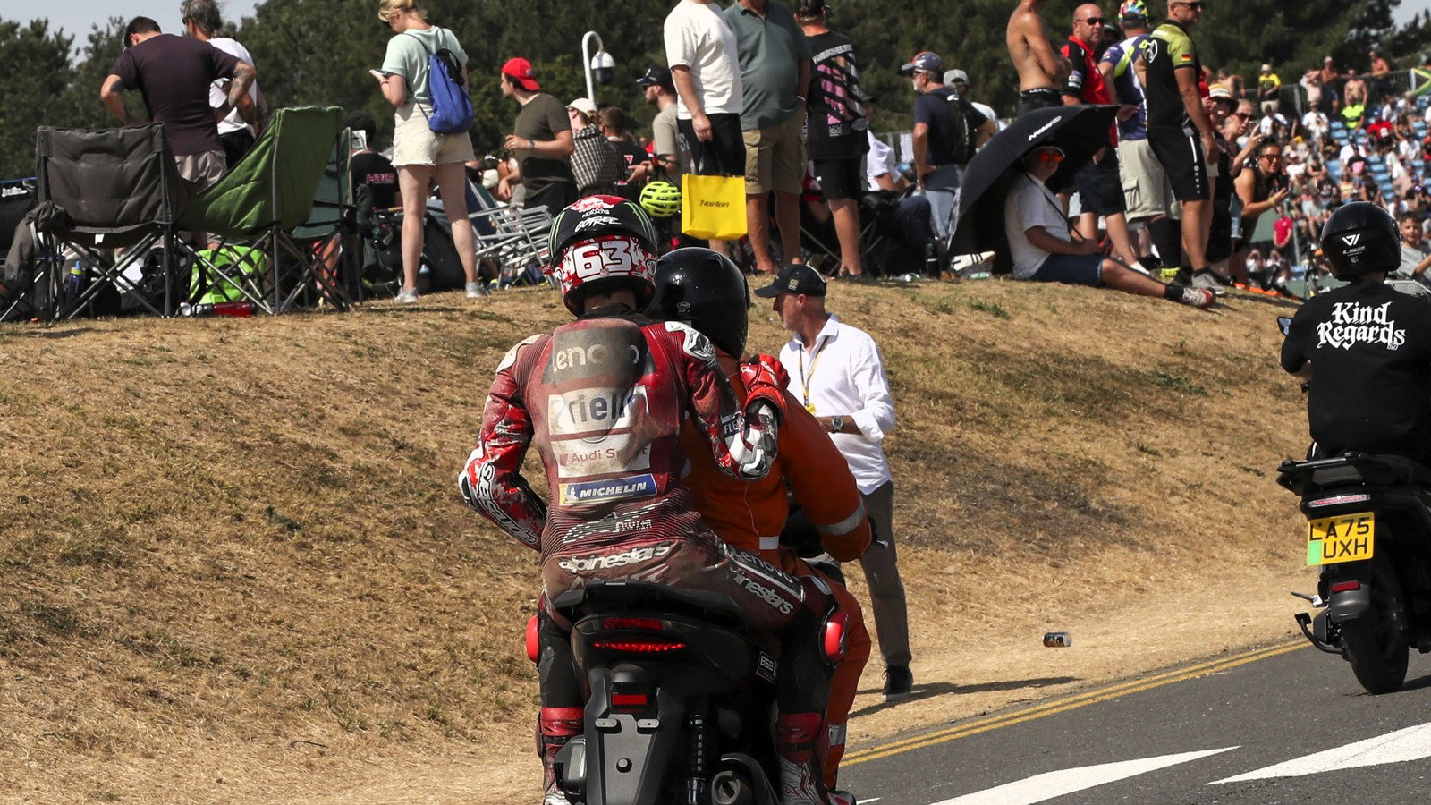 Pecco Bagnaia crashes out, 2026 Silverstone MotoGP. 