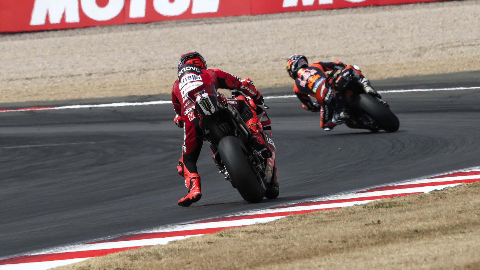 Marc Marquez follows future Ducati team-mate Pedro Acosta. 2026 Silverstone MotoGP. 