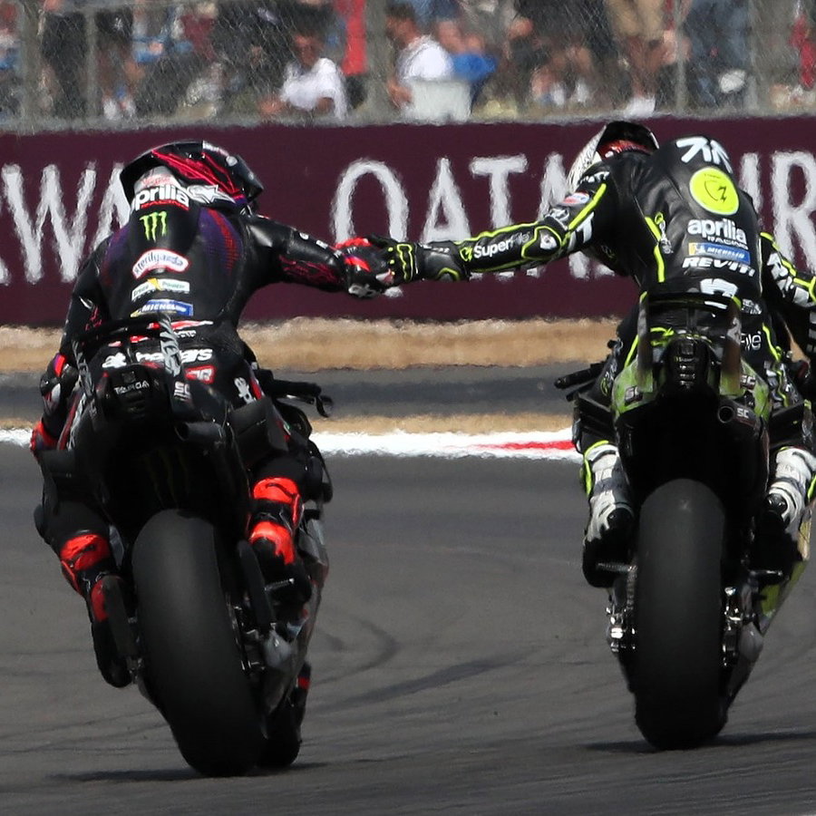 Jorge Martin congratulates Raul Fernandez, 2026 Silverstone MotoGP.