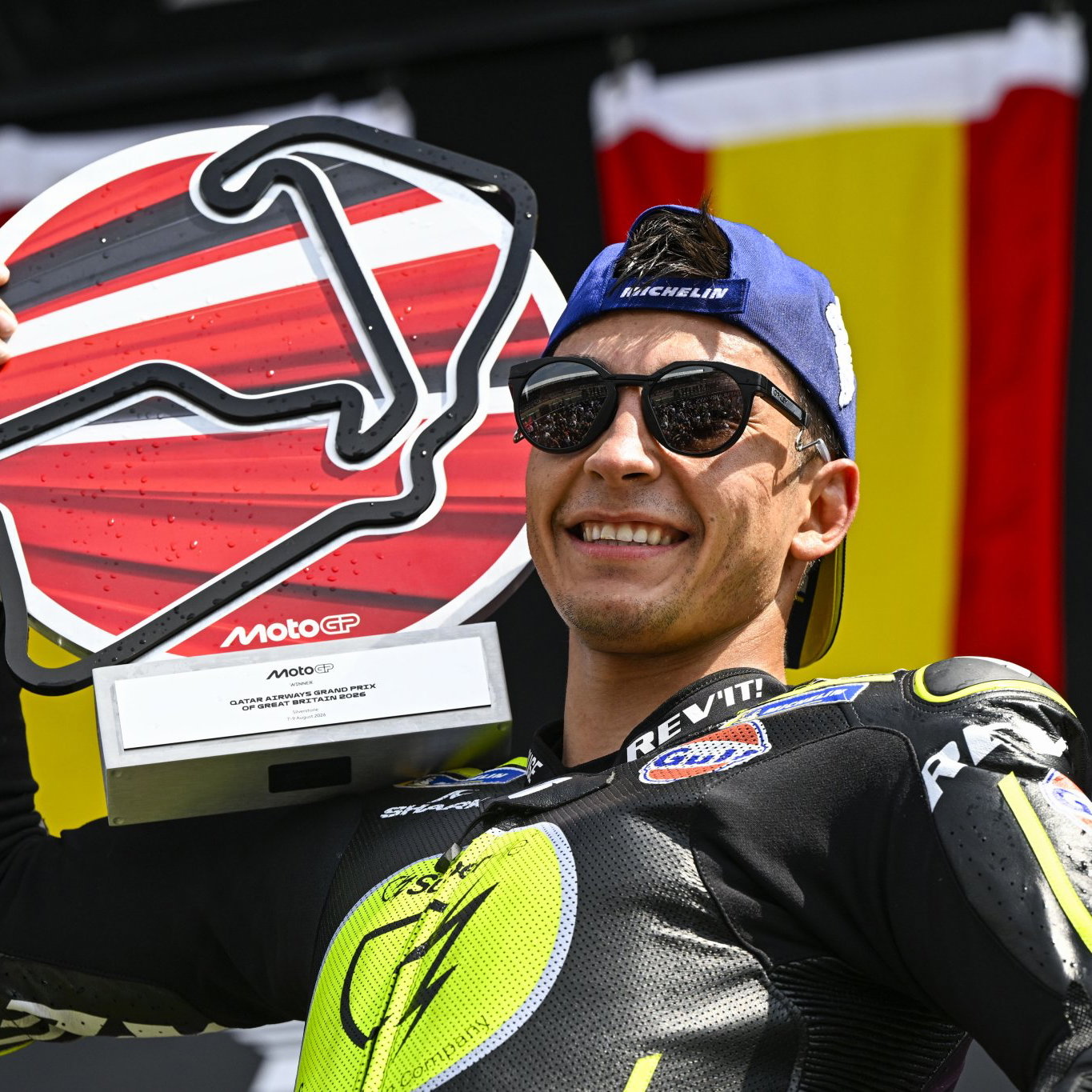 Raul Fernandez, 2026 MotoGP British Grand Prix, podium. Credit: Gold and Goose.