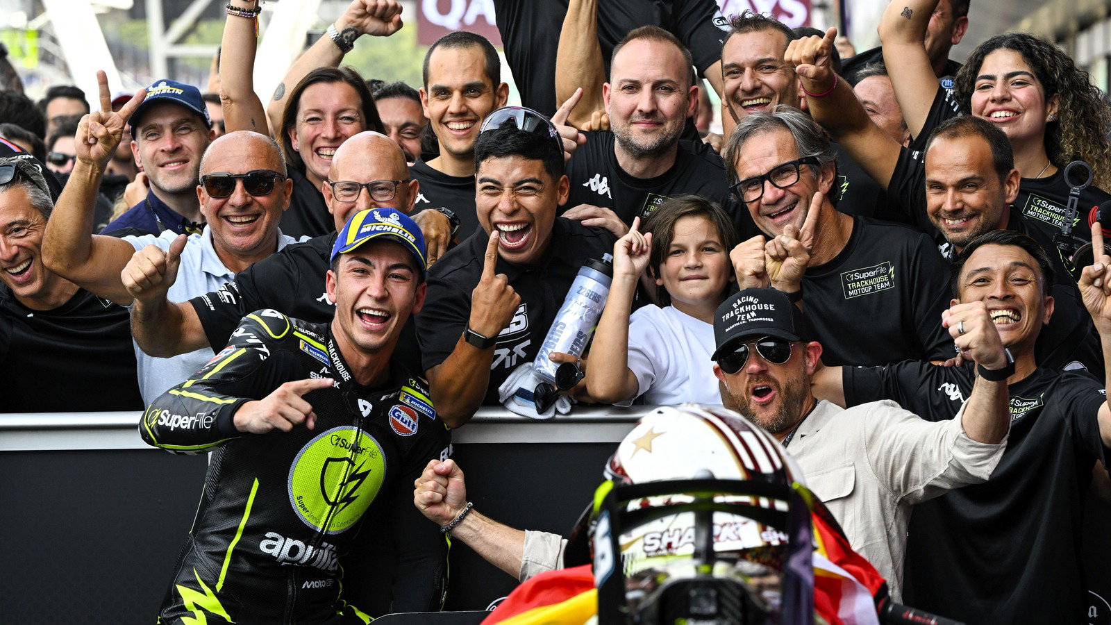 Justin Marks, Raul Fernandez and Trackhouse celebrate 2026 Silverstone MotoGP win.jpg