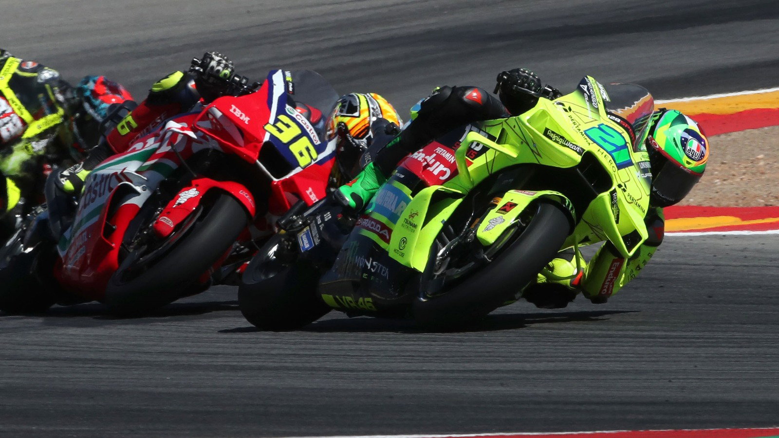 Morbidelli, Mir recover through the field after their opening lap incidents in the Aragon MotoGP Sprint.