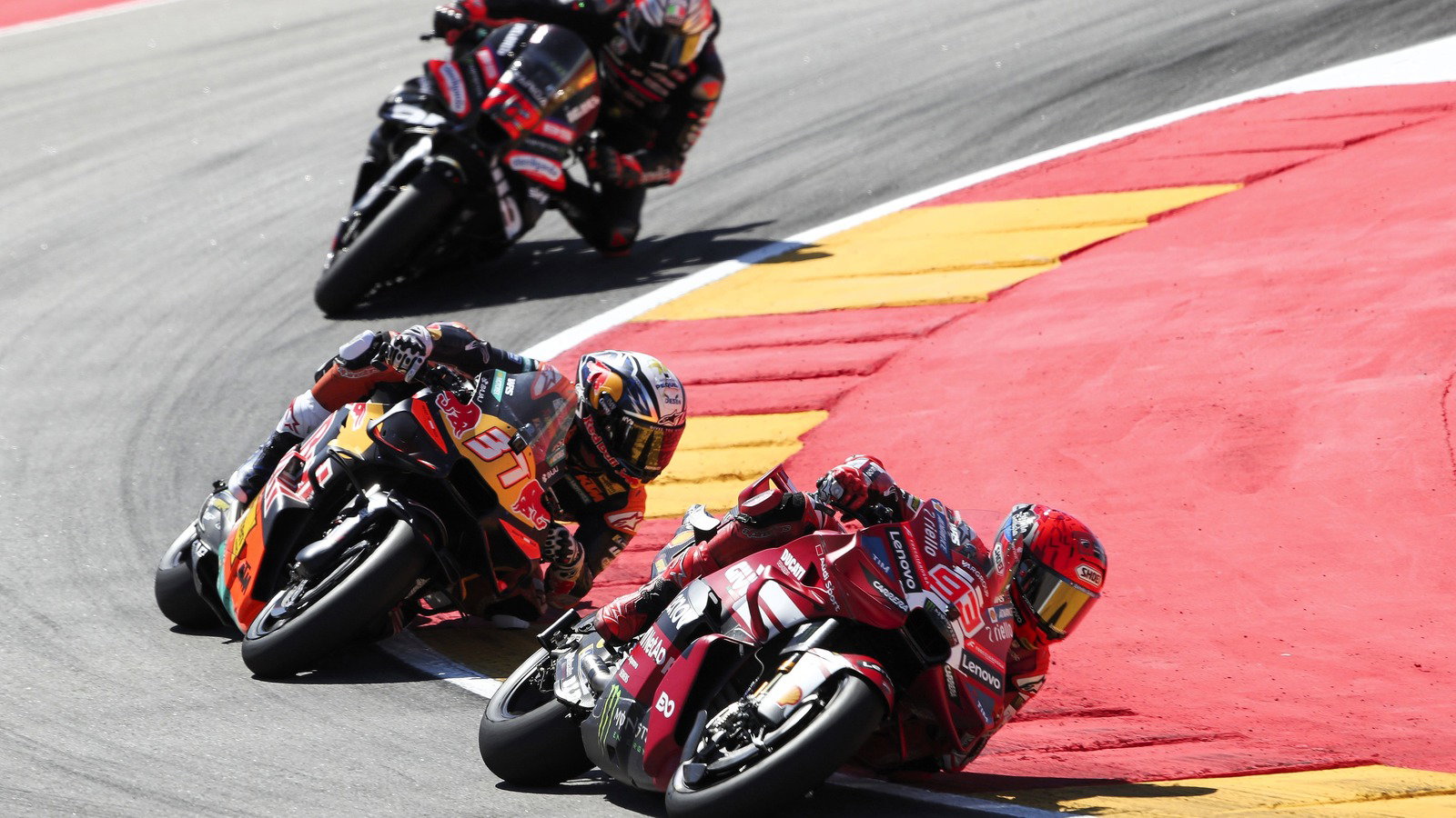 Marc Marquez, Pedro Acosta, Marco Bezzecchi, 2026 Aragon MotoGP. 