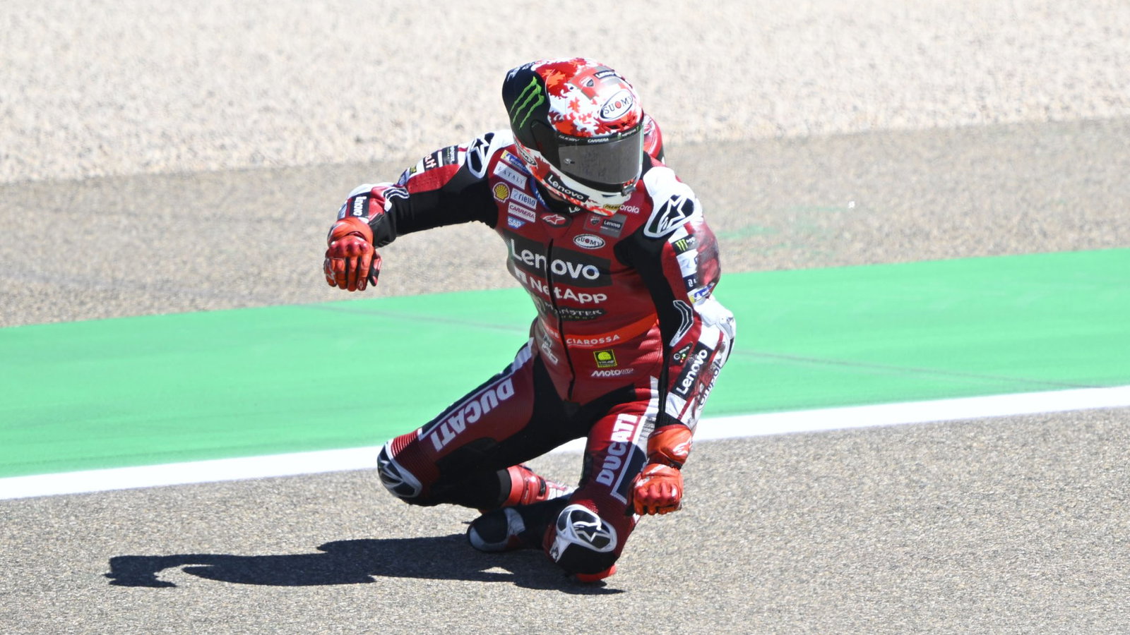 Pecco Bagnaia crashed out of the Aragon MotoGP