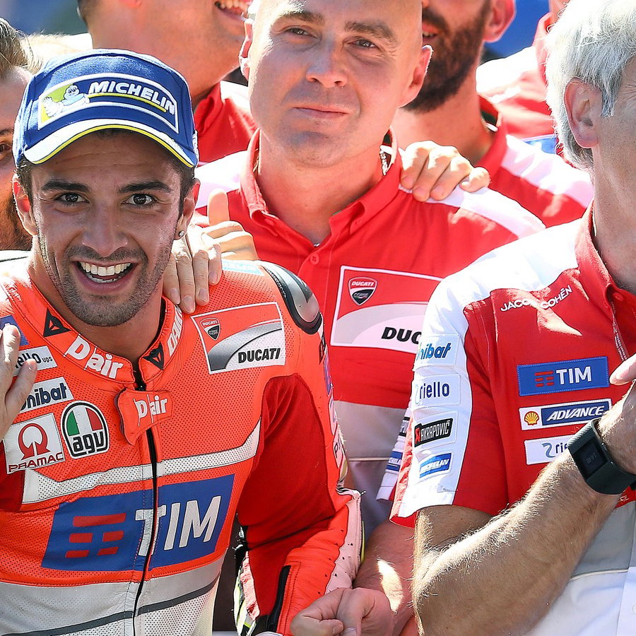 Andrea Iannone, Gigi Dall’Igna celebrate victory in the 2016 Austrian MotoGP.