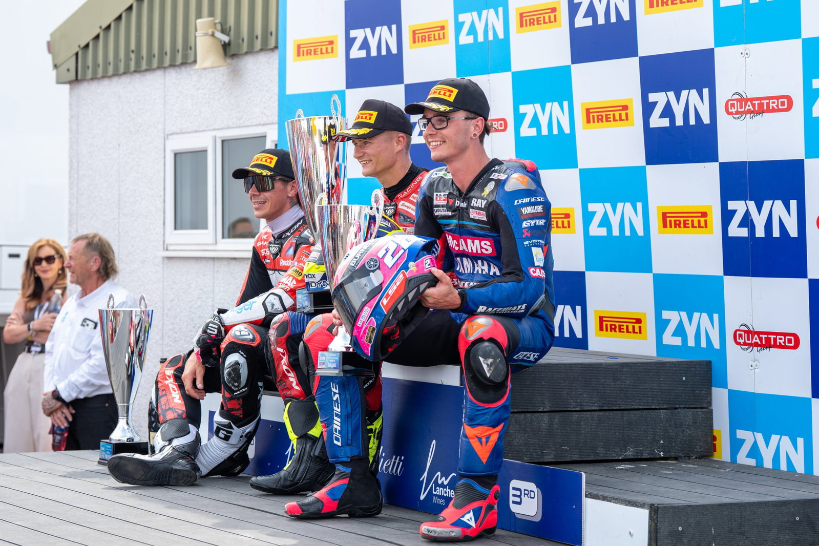 Bradley Ray, Ryan Vickers, Scott Redding on 2026 Thruxton BSB Race 2 podium. Credit: Ian Hopgood Photography.
