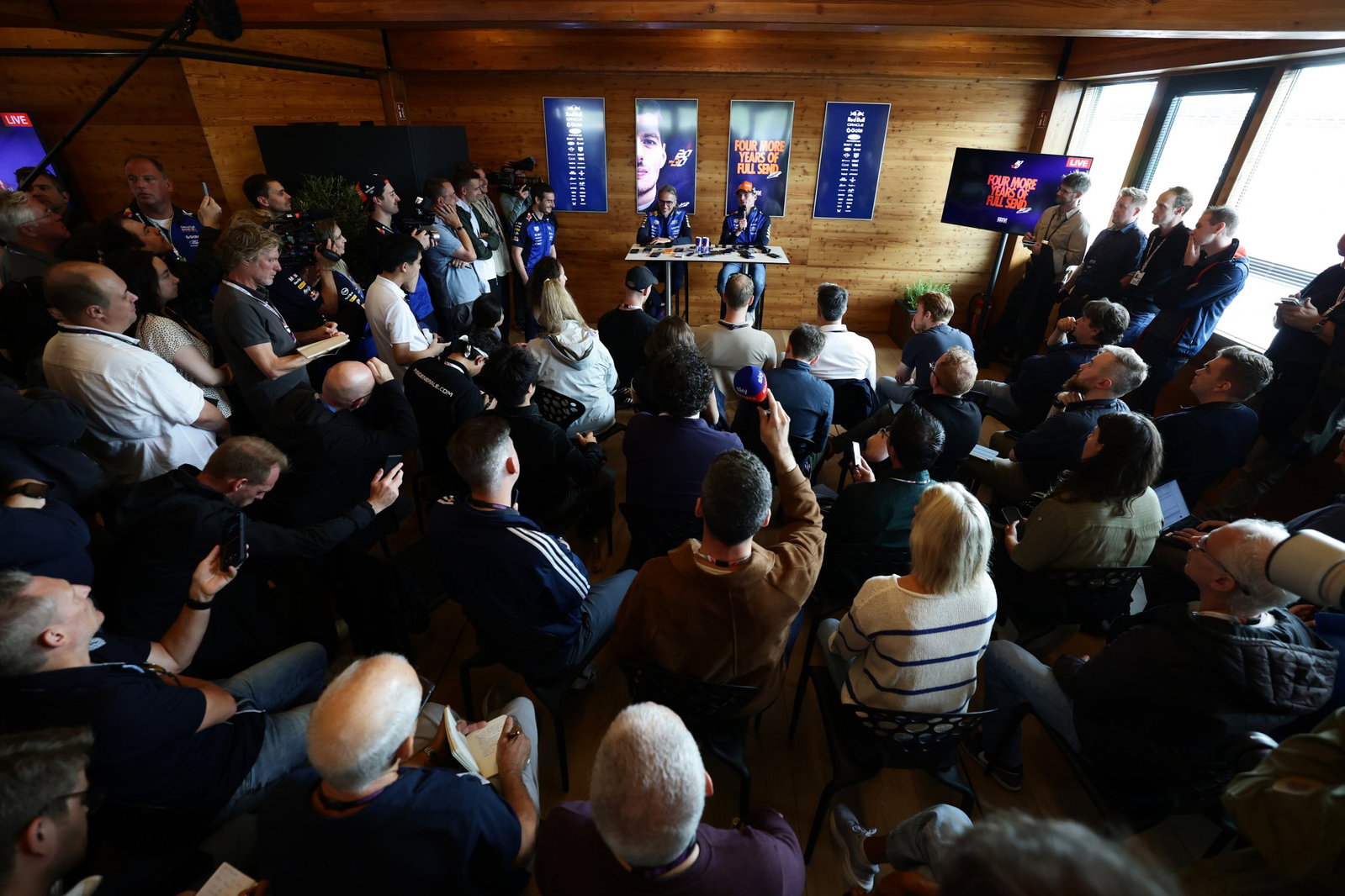 Max Verstappen and Laurent Mekies face the media after Red Bull's announcement