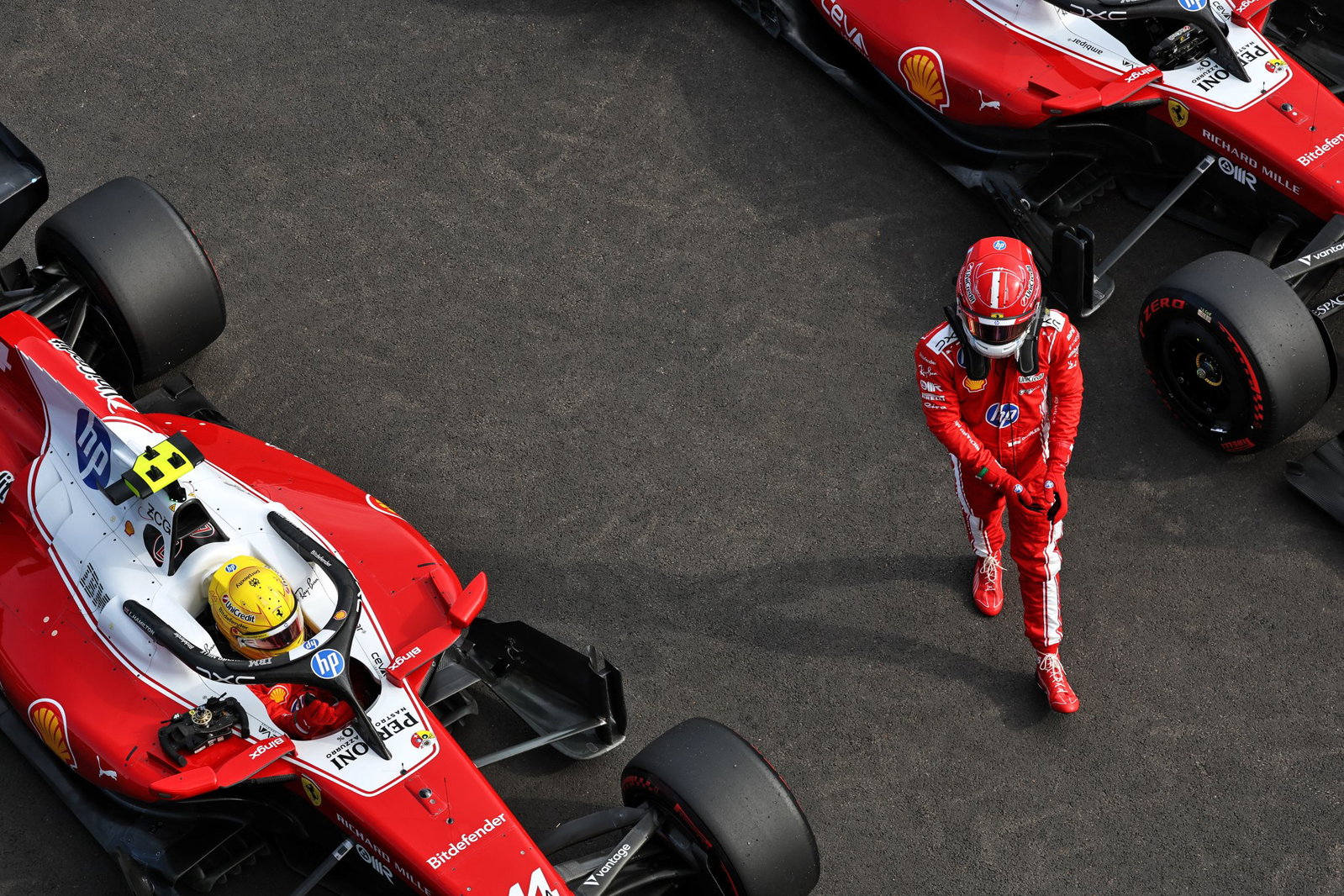 Leclerc was seen shaking his head at Hamilton after the race 