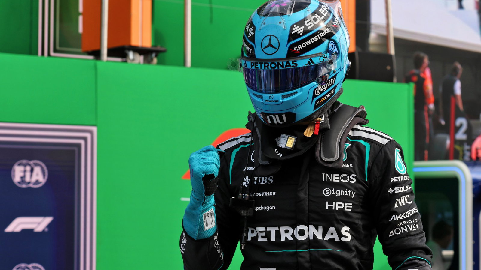 Russell celebrates his sprint pole at Zandvoort 