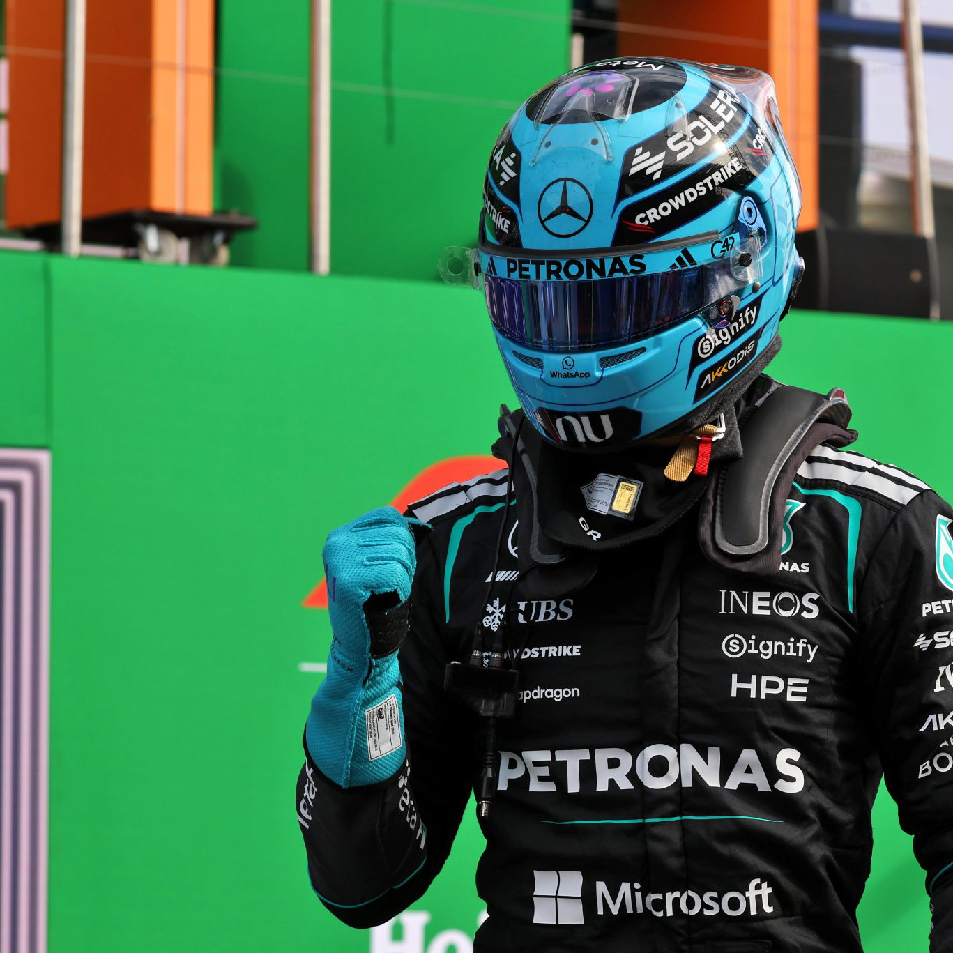 Russell celebrates his sprint pole at Zandvoort