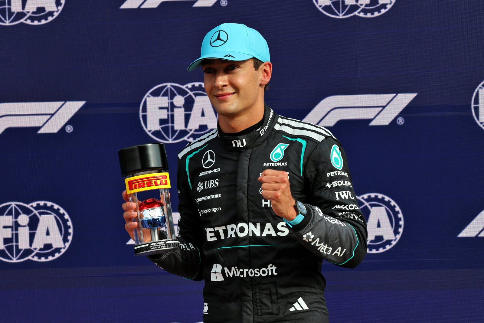 Russell celebrates his sprint pole at Zandvoort