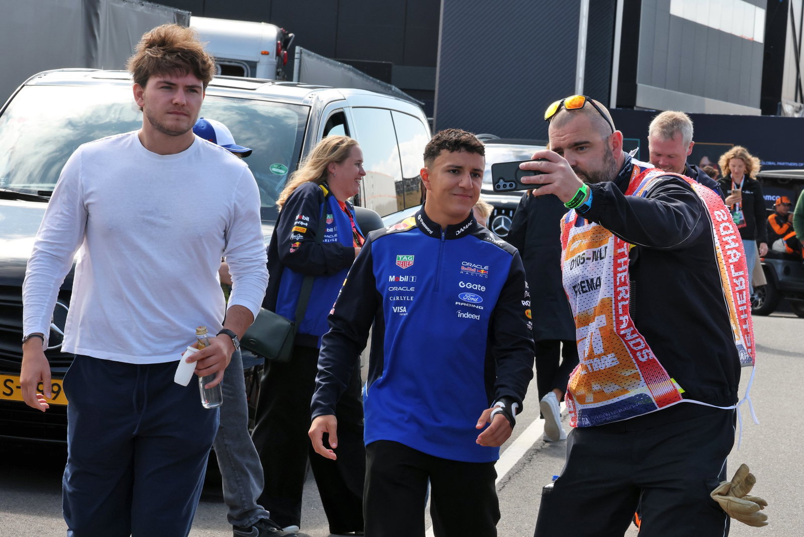 Hadjar's wrist strapping was visible as he entered the Zandvoort paddock