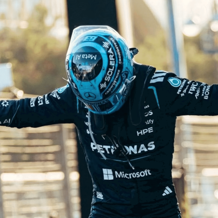 George Russell celebrates his third win of the season