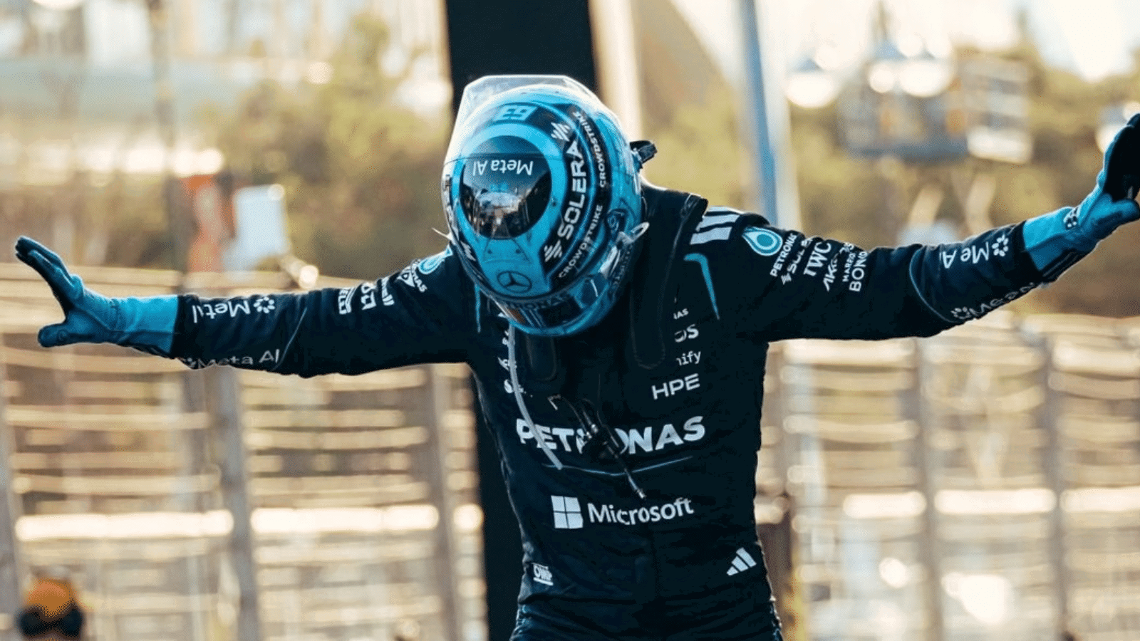 George Russell celebrates his third win of the season