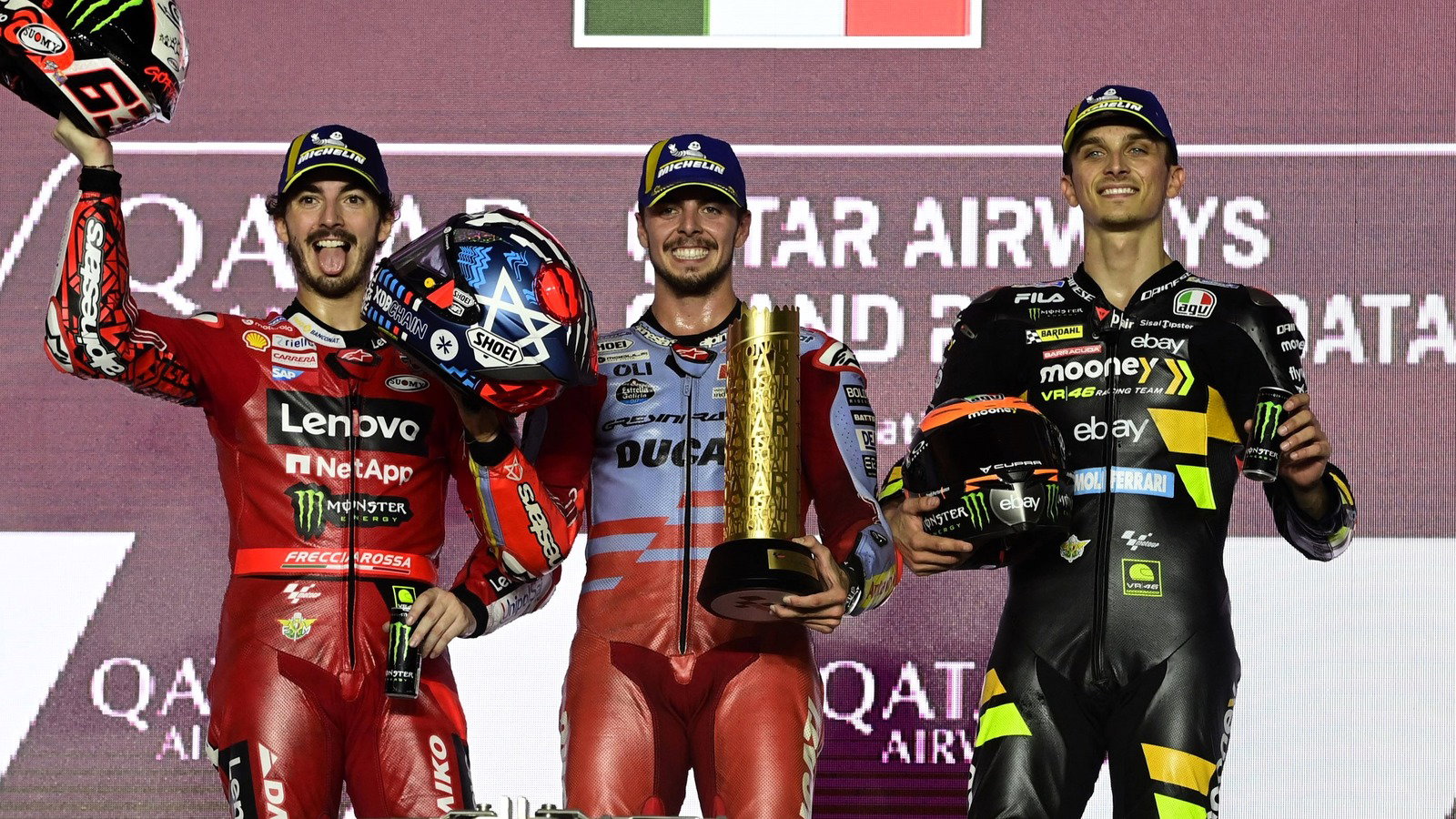 Bagnaia, di Giannantonio and Marini on the podium in Qatar 2023.