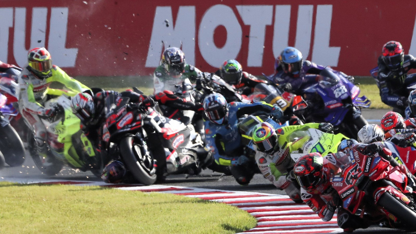 Martin collides with Bezzecchi, Turn 1, 2025 Motegi Sprint.