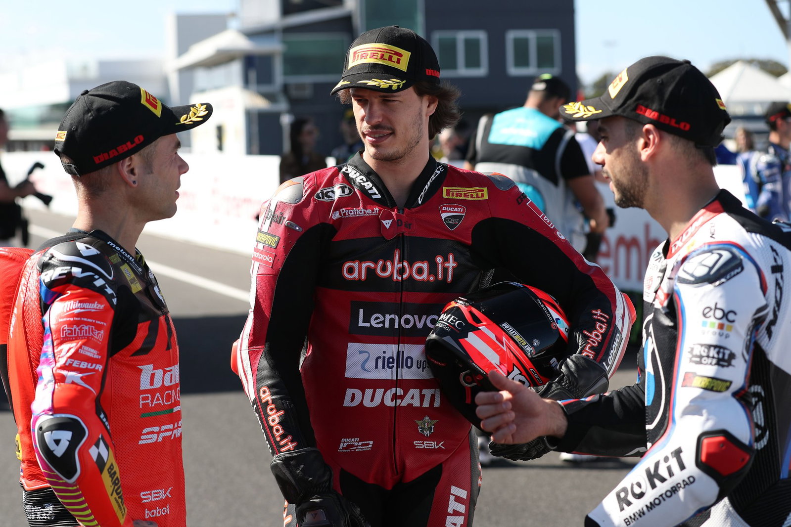 Alvaro Bautista with Nicolo Bulega, Miguel Oliveira at 2026 Australian WorldSBK. Credit: Gold and Goose.