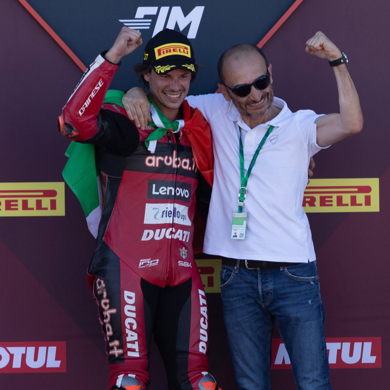 Nicolo Bulega with Claudio Domenicali, 2026 Emilia-Romagna WorldSBK, podium. Credit: Gold and Goose.
