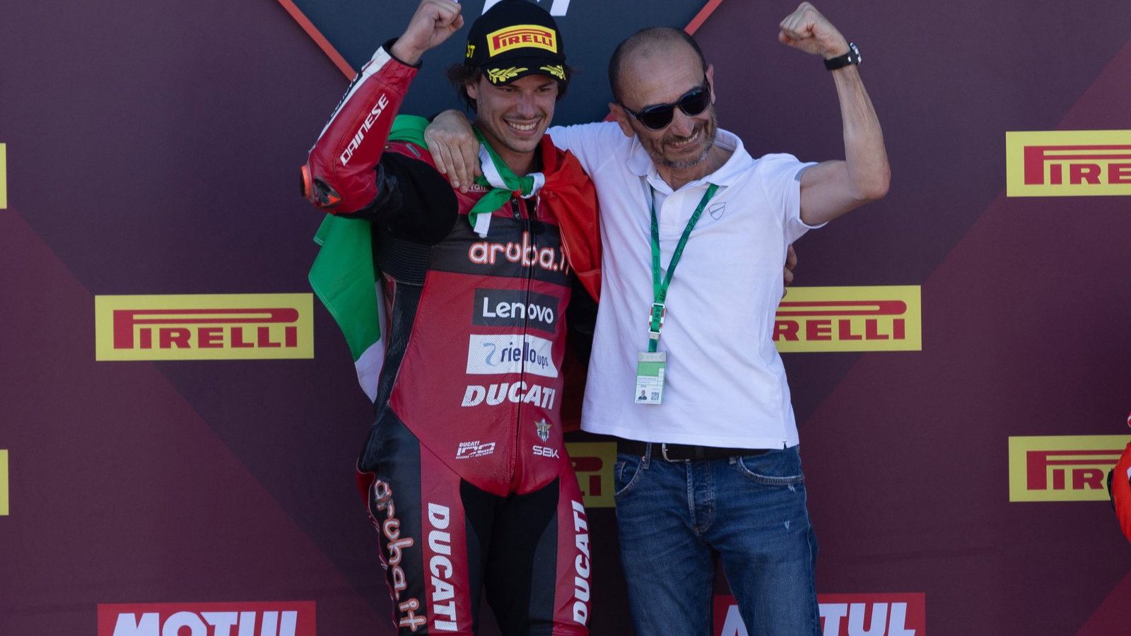 Nicolo Bulega with Claudio Domenicali, 2026 Emilia-Romagna WorldSBK, podium. Credit: Gold and Goose.