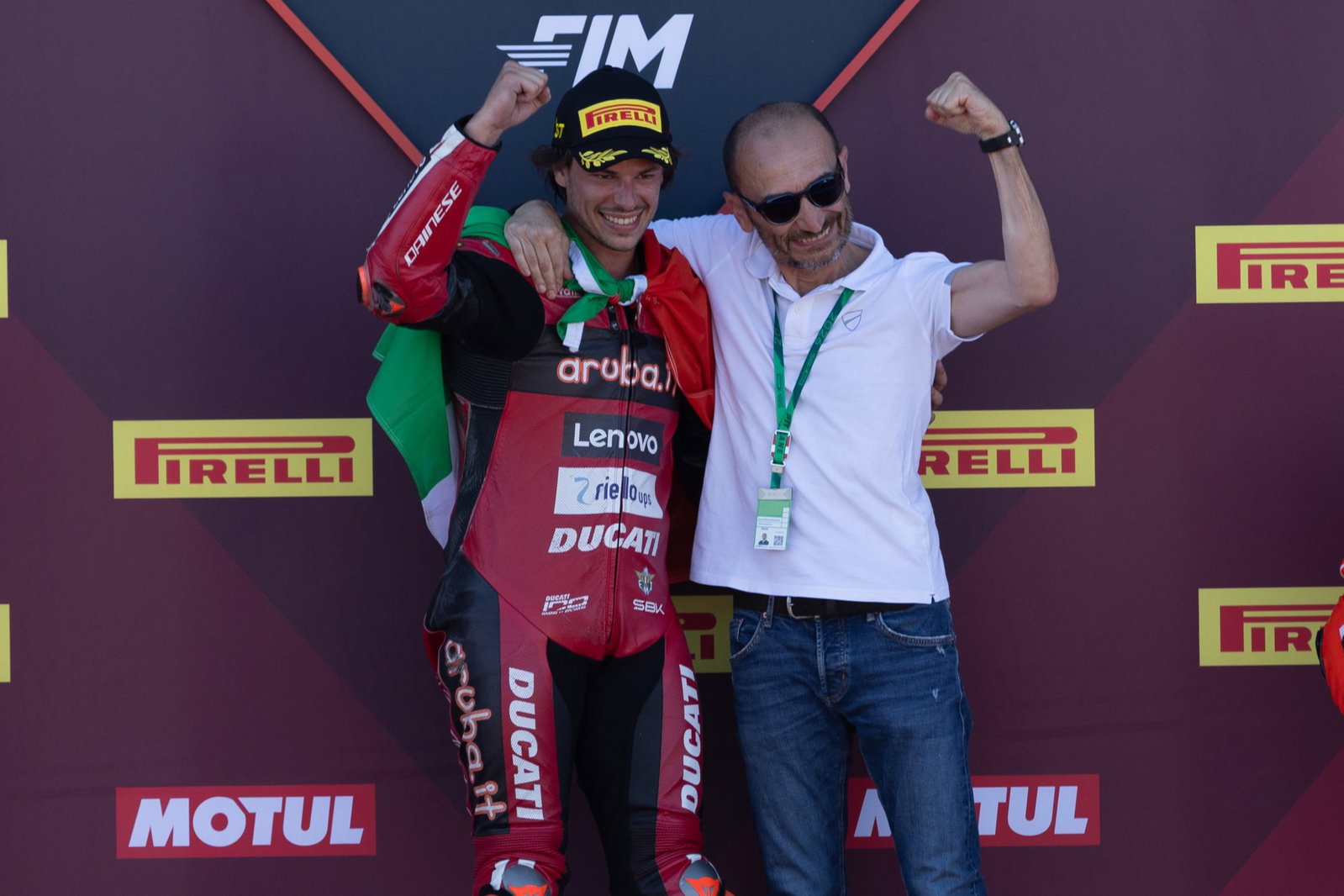 Nicolo Bulega with Claudio Domenicali, 2026 Emilia-Romagna WorldSBK, podium. Credit: Gold and Goose.