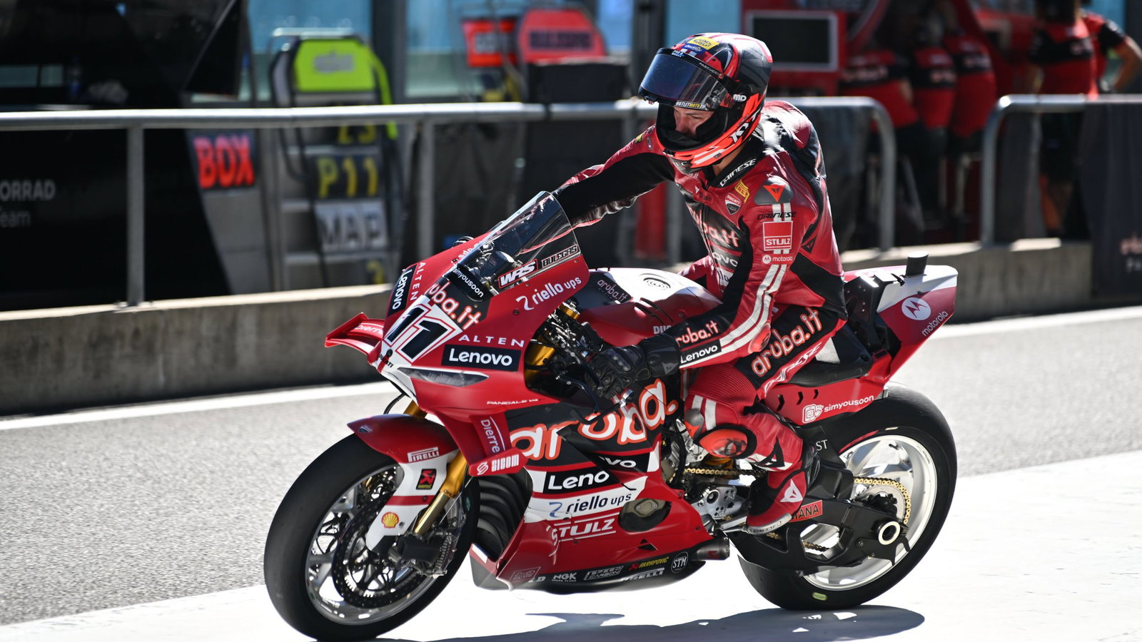 Nicolo Bulega, 2026 French WorldSBK, leaving pit box. Credit: Gold and Goose.