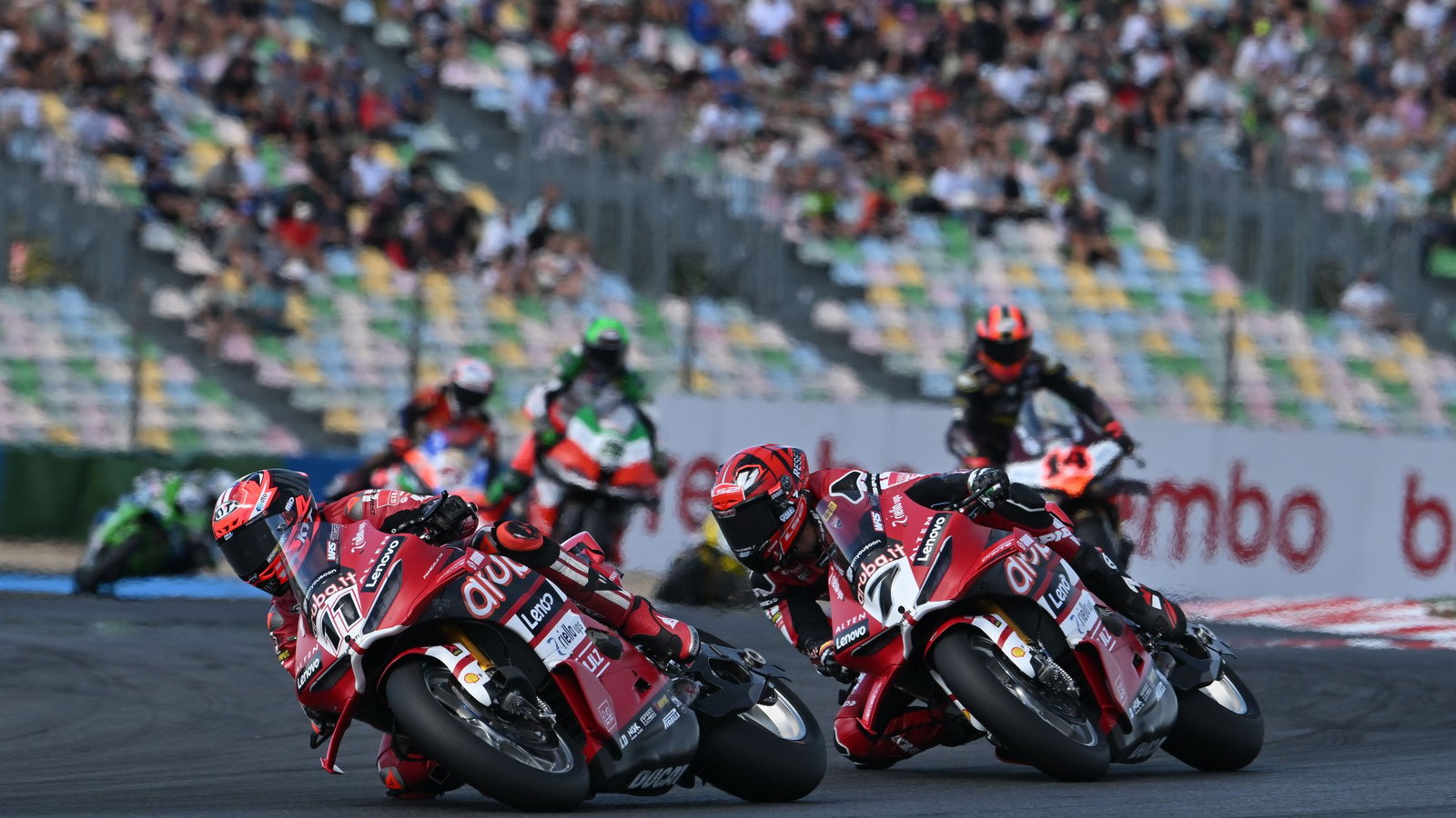 Nicolo Bulega leads Iker Lecuona, 2026 French WorldSBK. Credit: Gold and Goose.