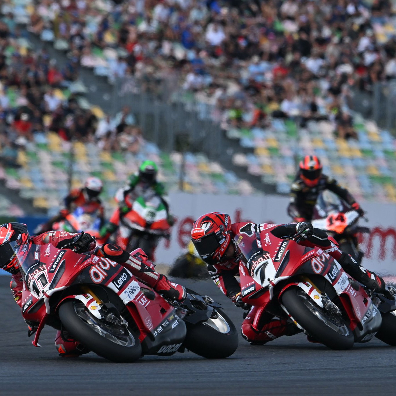 Nicolo Bulega leads Iker Lecuona, 2026 French WorldSBK. Credit: Gold and Goose.