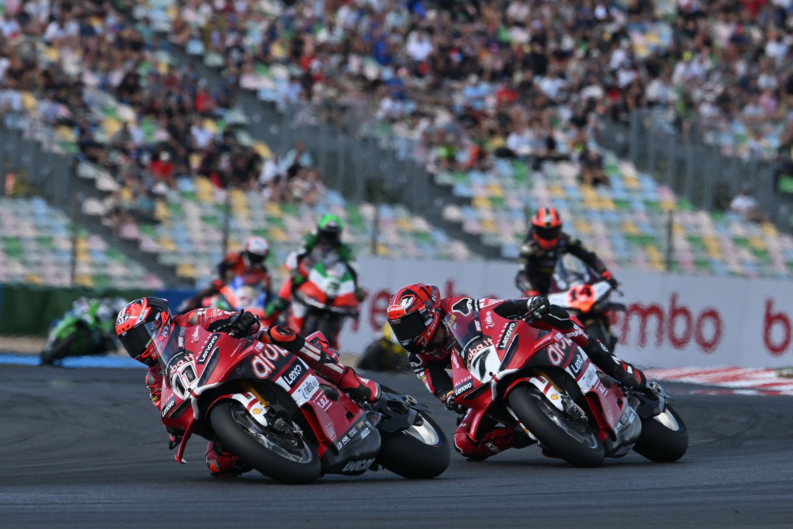 Nicolo Bulega leads Iker Lecuona, 2026 French WorldSBK. Credit: Gold and Goose.