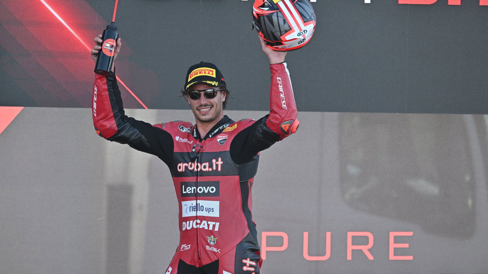 Nicolo Bulega on the podium after dominating French WorldSBK Race 1.