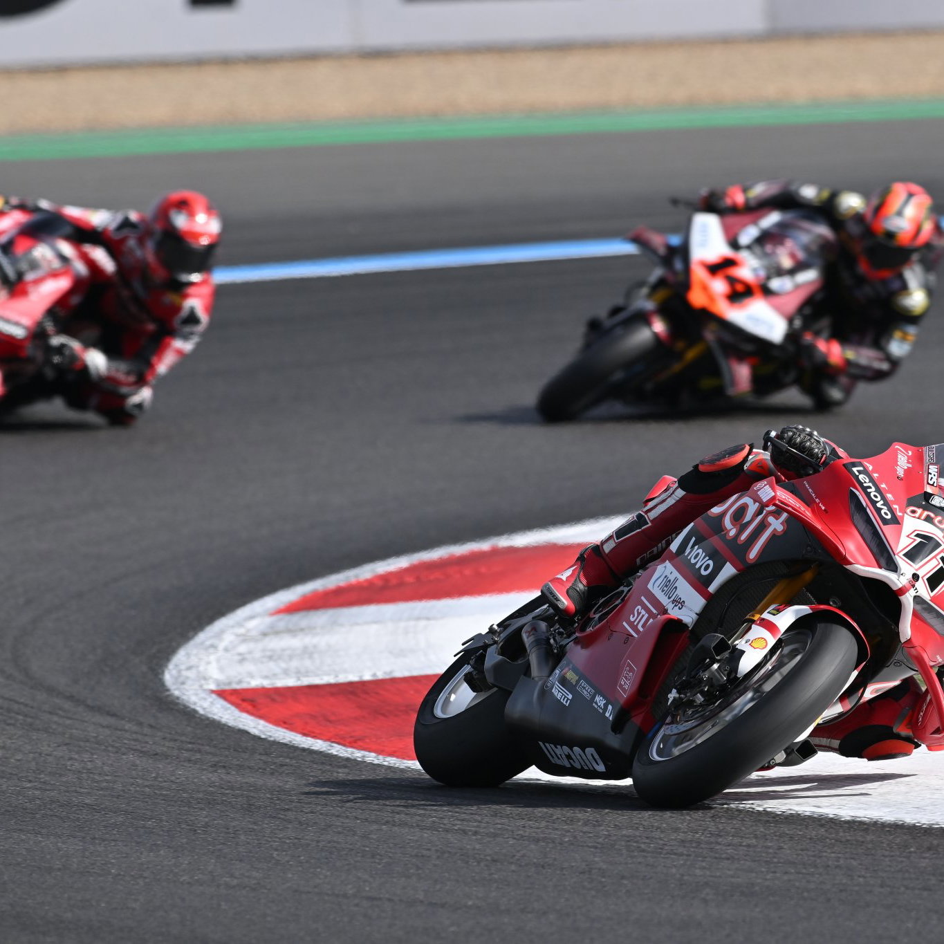 Nicolo Bulega leads Iker Lecuona, Sam Lowes, 2026 French WorldSBK. Credit: Gold and Goose.