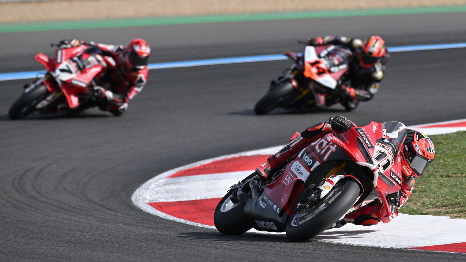 Nicolo Bulega leads Iker Lecuona, Sam Lowes, 2026 French WorldSBK. Credit: Gold and Goose.