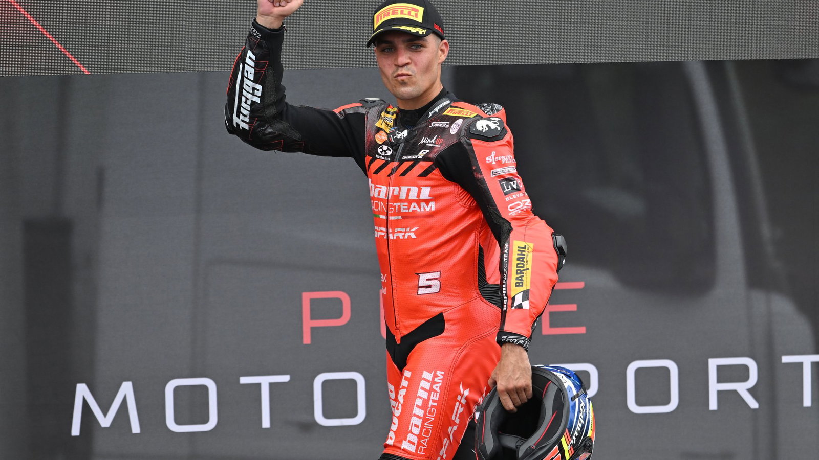 Yari Montella on the Race 2 podium at the French WorldSBK.