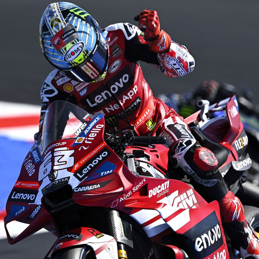 Pecco Bagnaia hits the fuel tank in frustration after losing the rear, 2026 Misano MotoGP.