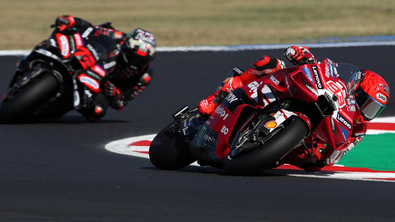 Marc Marquez holds off Marco Bezzecchi to win the Misano Sprint.