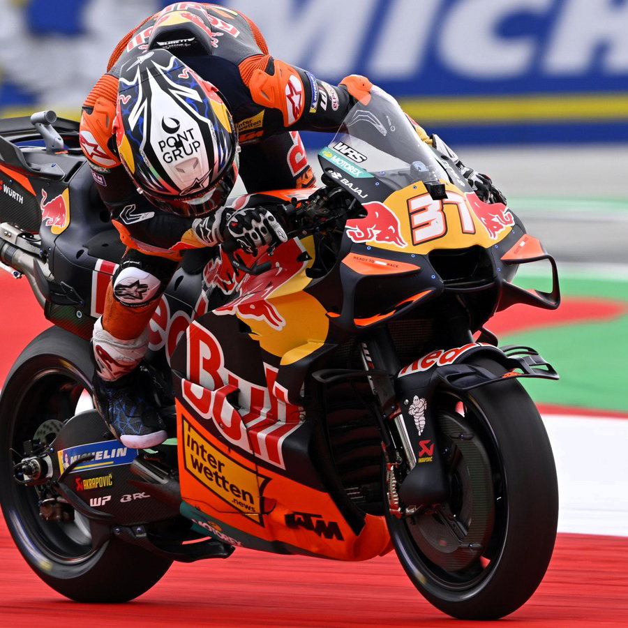 Pedro Acosta checks his KTM, FP1, 2026 Red Bull Ring MotoGP. 