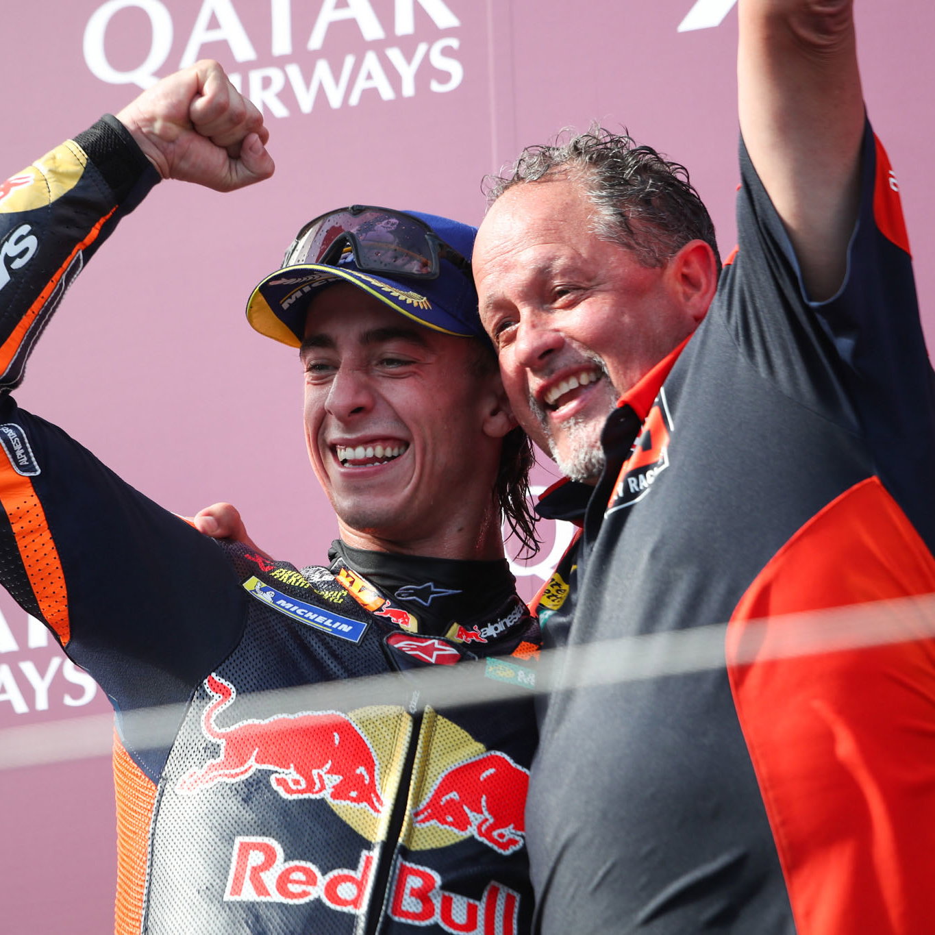 Pedro Acosta with Paul Trevathan, 2026 MotoGP Austrian Grand Prix podium. Credit: Gold and Goose.