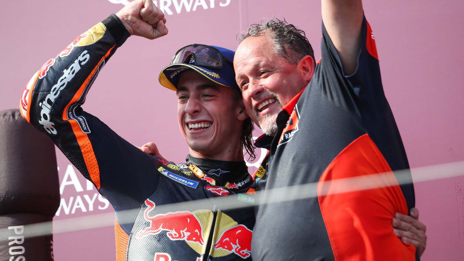 Pedro Acosta with Paul Trevathan, 2026 MotoGP Austrian Grand Prix podium. Credit: Gold and Goose.
