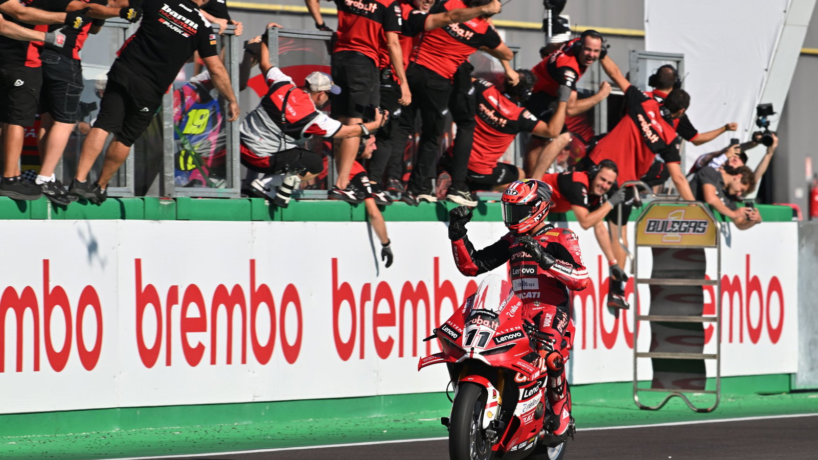 Nicolo Bulega crosses the line to win the WorldSBK title in Race 2 at Cremona.