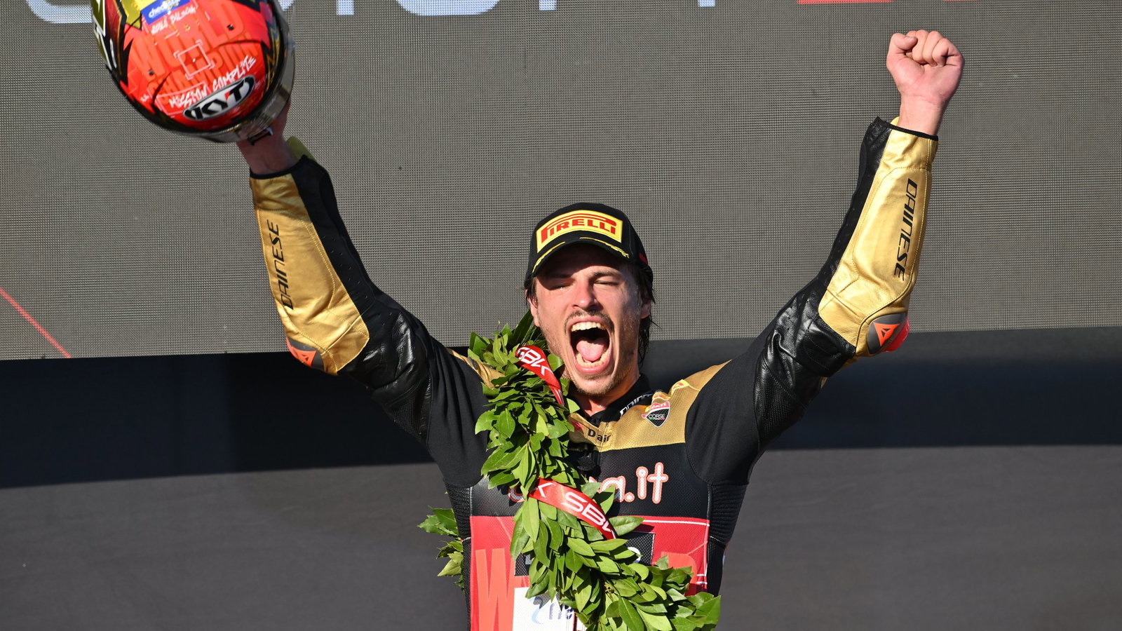 Nicolo Bulega, 2026 Italian WorldSBK, podium. Credit: Gold and Goose.