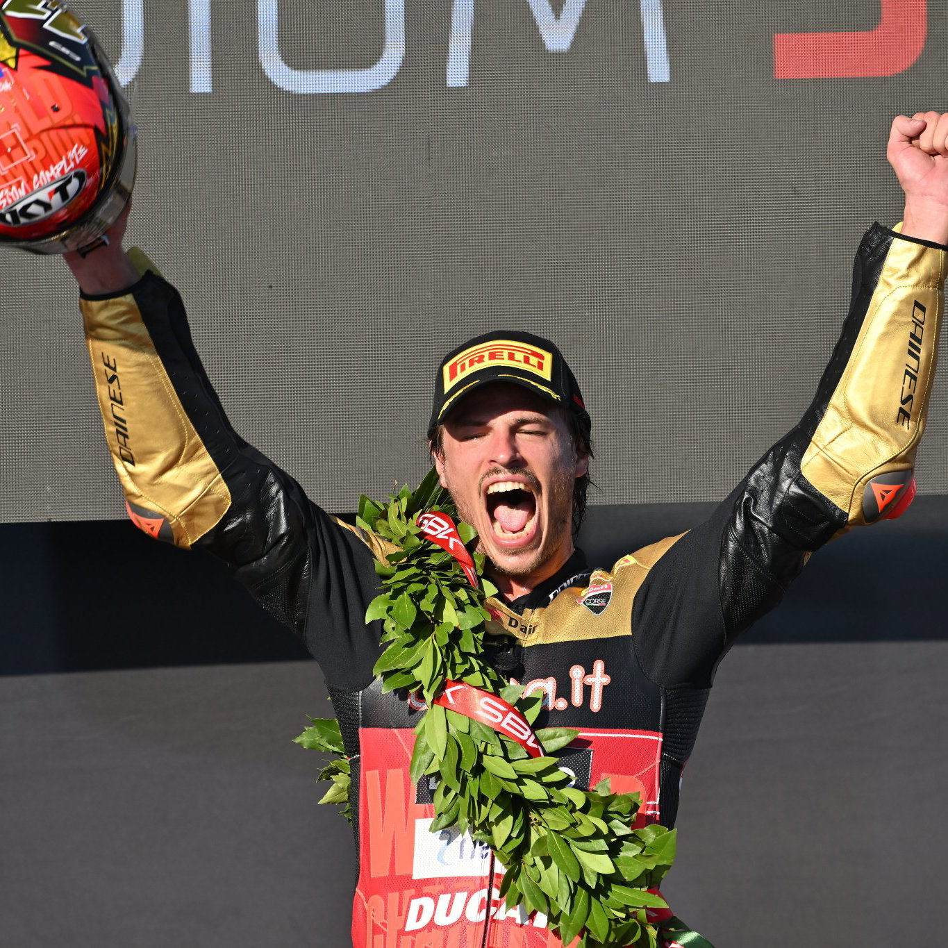 Nicolo Bulega, 2026 Italian WorldSBK, podium. Credit: Gold and Goose.