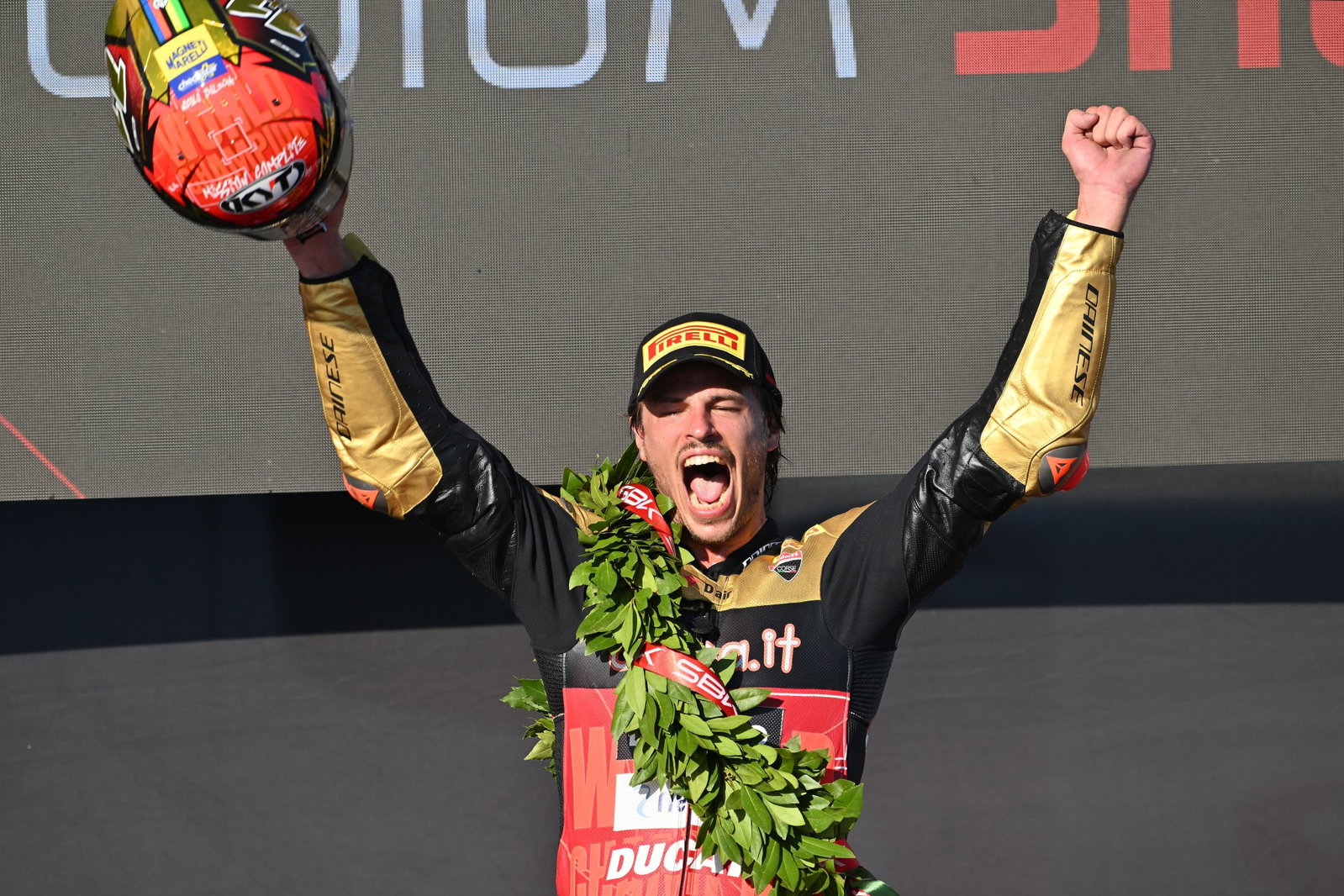 Nicolo Bulega, 2026 Italian WorldSBK, podium. Credit: Gold and Goose.