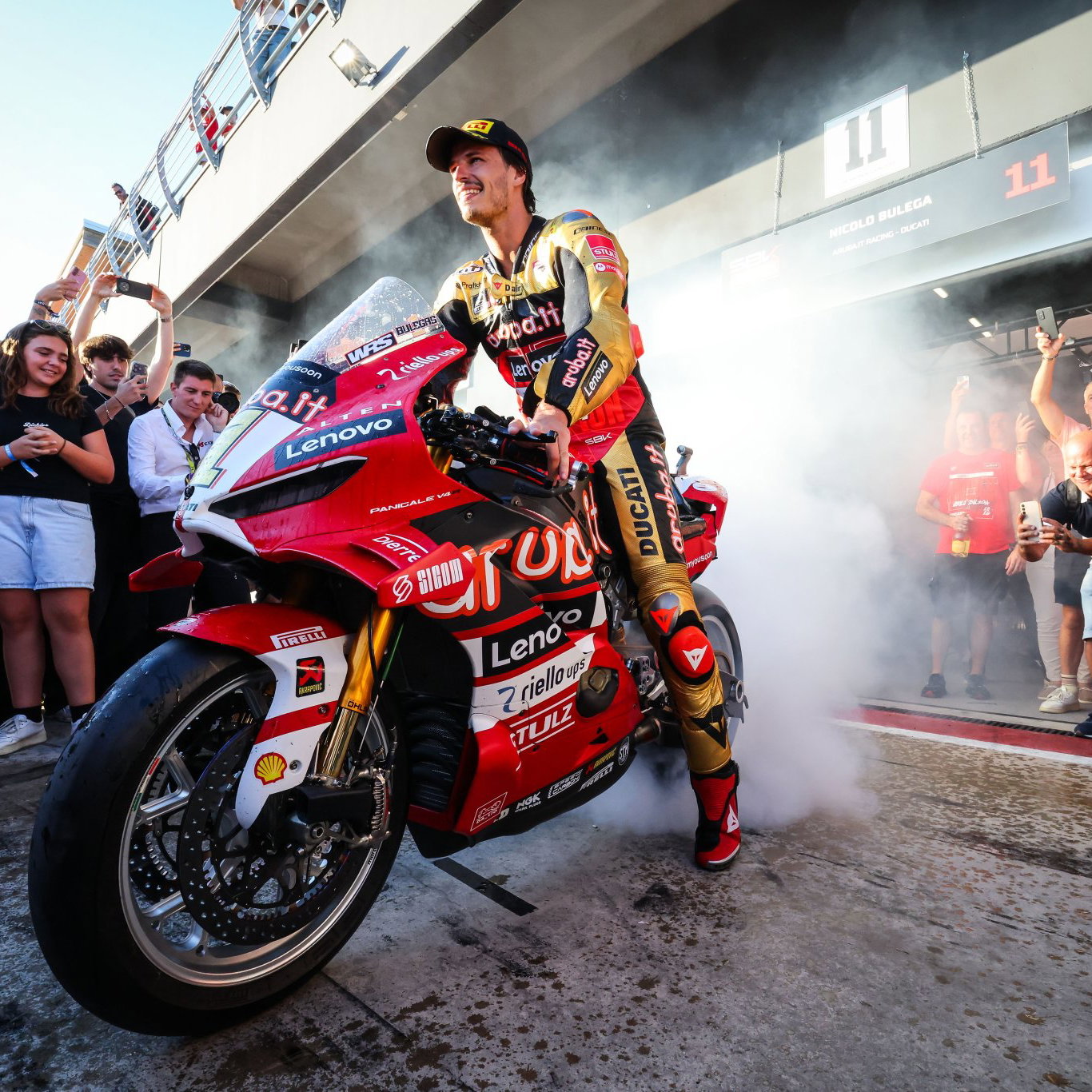 Nicolo Bulega, 2026 Italian WorldSBK, pit lane burnout post-Race 2. Credit: Gold and Goose.