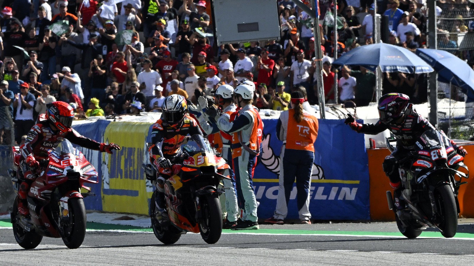 Marquez and Martin congratulate Acosta, 2026 Red Bull Ring MotoGP.