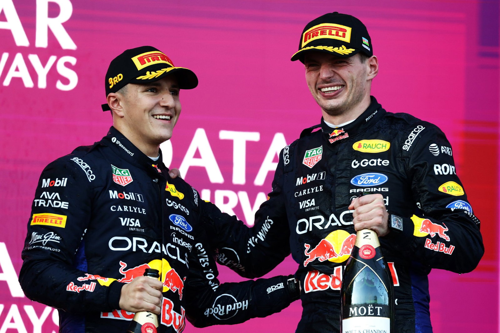 Hadjar and Verstappen were all smiles on the Baku podium