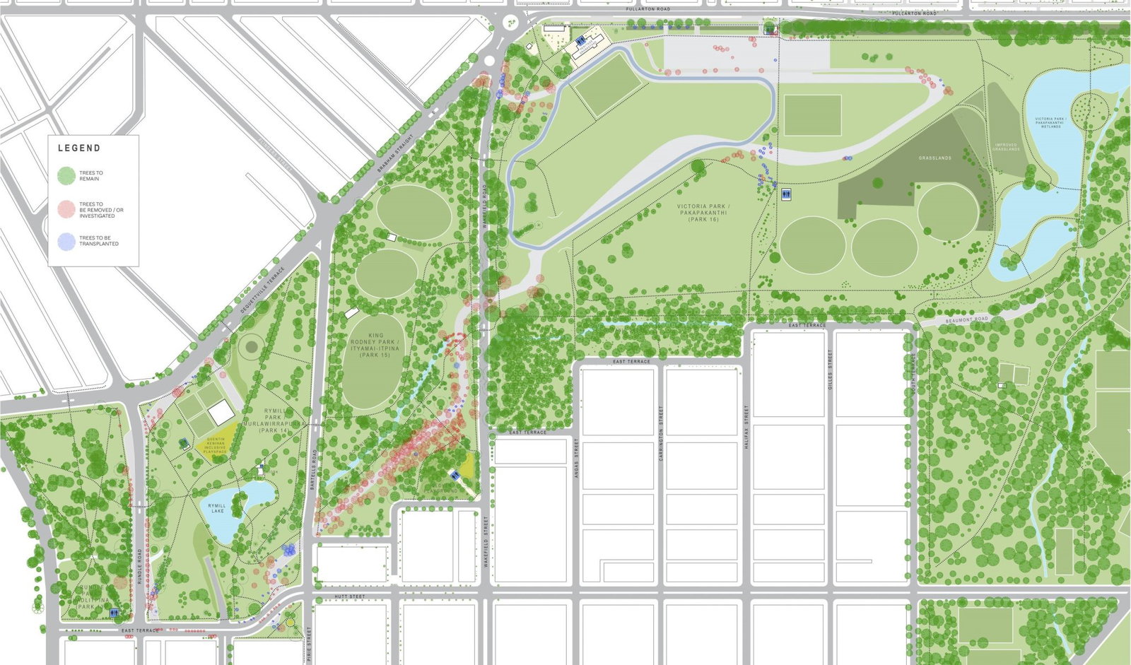 Tree removal (red) and transplantation (blue) for Adelaide MotoGP circuit (Government of South Australia).